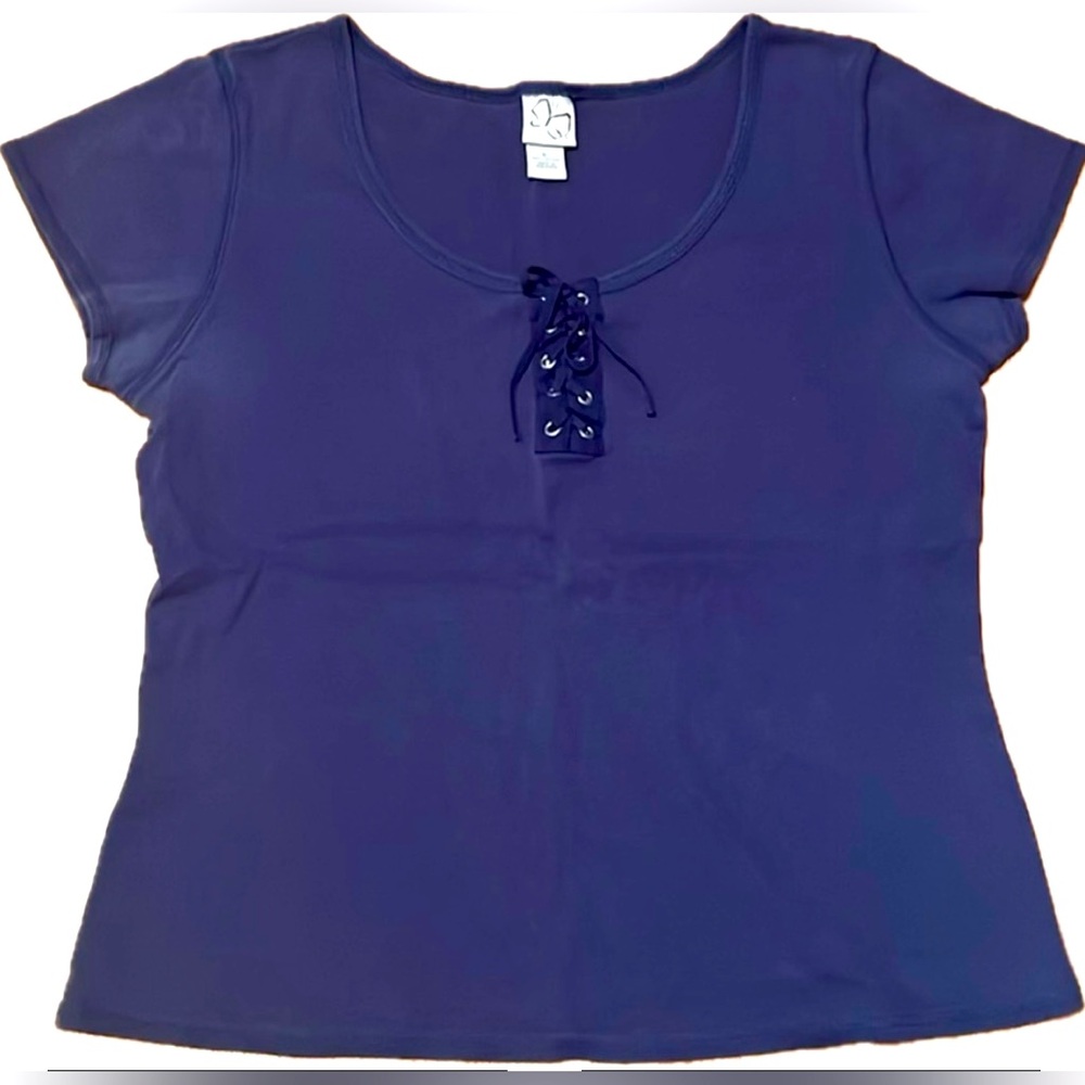 Navy blue short sleeved shirt with tie feature on top. Women’s Size XL - Picture 2 of 8